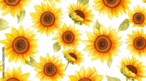 A seamless pattern featuring vibrant yellow sunflowers, beautifully illustrated and isolated on a clean white background.