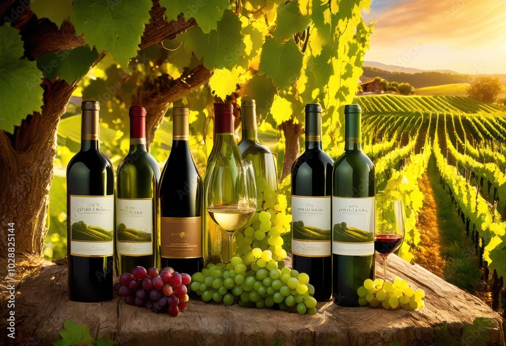 Fototapeta premium vibrant vineyard landscape showcasing colorful wine bottles surrounded lush green grape vines scenic rolling hills, grapes, harvest, organic, countryside