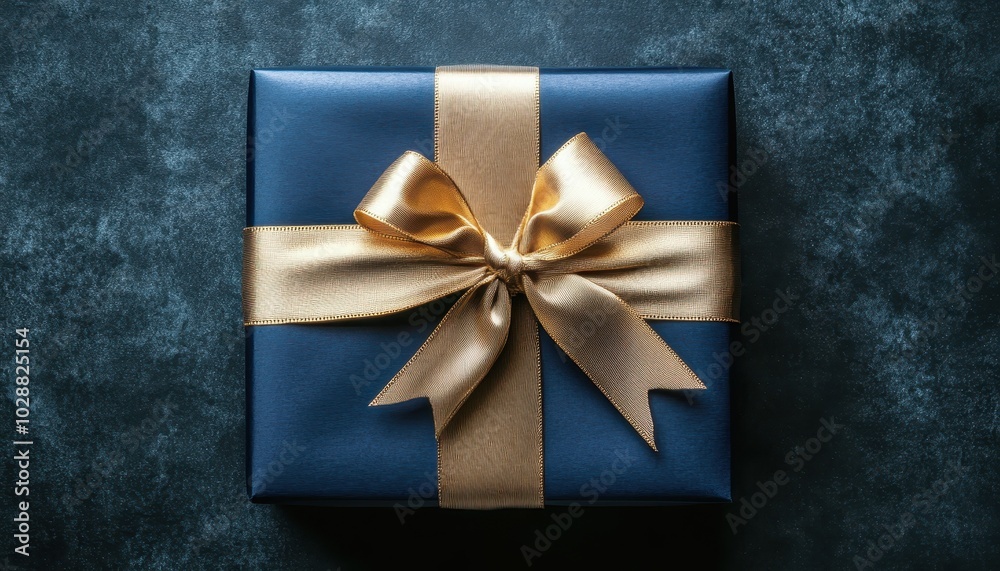 Dark blue gift box with gold ribbon for holidays or birthdays on a dark background Dark blue gift box with gold ribbon for holidays or birthdays on a dark background