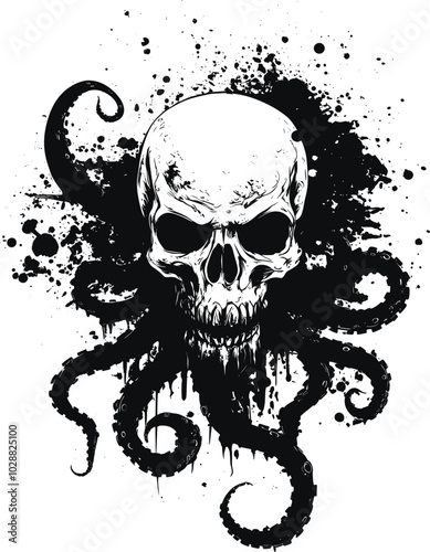 Skull with octopus tentacles,  vector illustration.