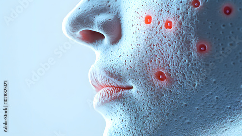 Close-up of a human face showing skin texture and lighted pores indicative of skin treatment or analysis
