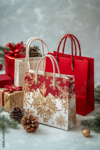Festively decorated gift bags surrounded by winter decor and holiday cheer in...