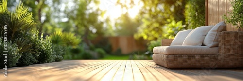 Cozy outdoor lounge area surrounded by lush greenery in a serene afternoon se...