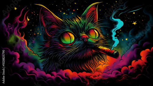 A vibrant, psychedelic cat with colorful eyes and smoke.