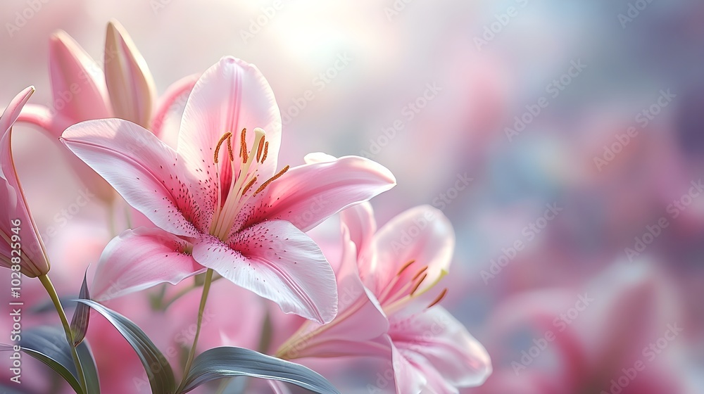 Lilies in the morning light: elegance and grace A peaceful depiction of colorful lilies blooming in the soft morning light, creating a serene atmosphere. Lilies in the morning light: elegance and grace A peaceful depiction of colorful lilies blooming in the soft morning light, creating a serene atmosphere.