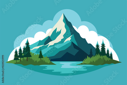 Mountain with pine trees and lake landscape. Hand drawn rocky peaks in sketch vector