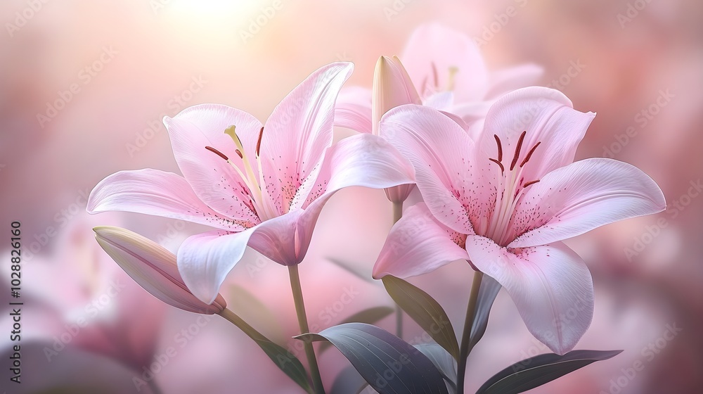 Fototapeta premium Lilies in the morning light: elegance and grace A peaceful depiction of colorful lilies blooming in the soft morning light, creating a serene atmosphere.