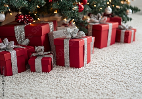 Red and silver wrapped Christmas gifts beautifully arranged beneath a decorat...