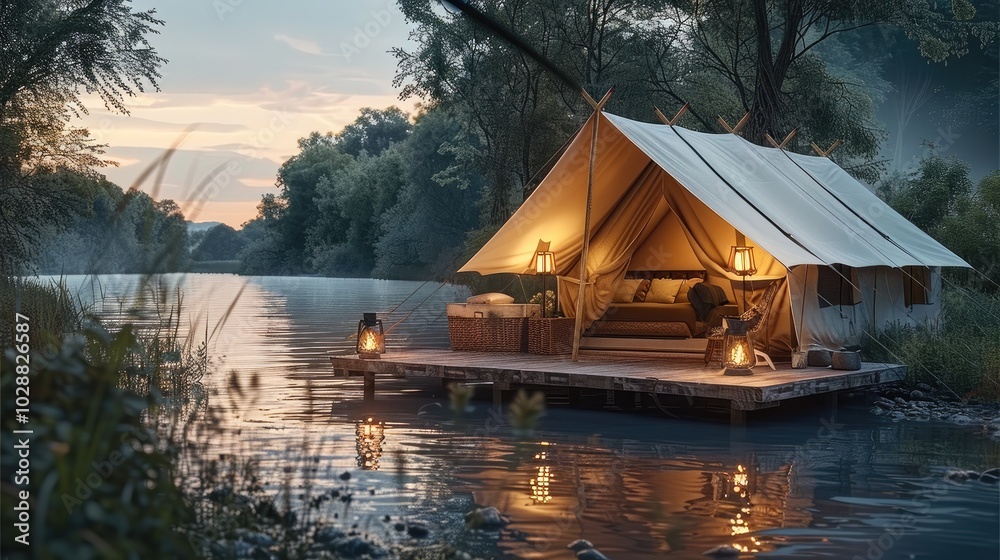 Fototapeta premium Luxury glamping by the river. Recreation and vacation lifestyle.