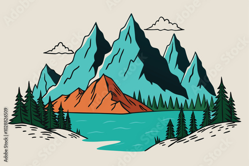 Mountain with pine trees and lake landscape. Hand drawn rocky peaks in sketch vector