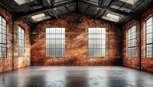 Empty industrial loft with brick walls and concrete flooring in an old warehouse