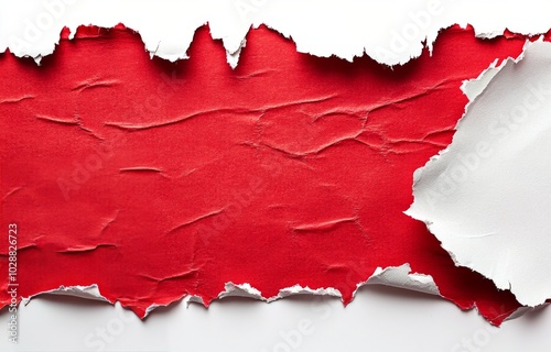 Abstract red artwork with a textured surface and torn paper effects on a whit...