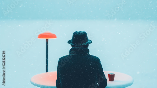 A solitary figure in a hat sits at a table under a red lamp, surrounded by a snowy landscape. The scene evokes a sense of calm and introspection in a tranquil setting. photo