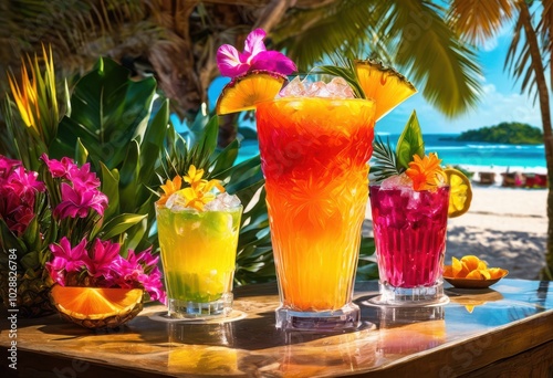 vibrant display iced cocktails colorful glassware featuring spectrum tropical accents, ombre, drink, fruit, beverage, refreshment, party, celebration