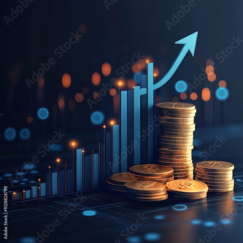 Growing financial success represented by stacks of coins and an upward arrow ...