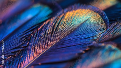 Close-up of a Blue and Purple Peacock Feather with Iridescent Shimmer
