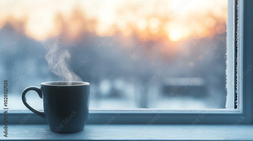 A steaming cup of coffee sits on a windowsill, showcasing a serene winter morning with soft sunlight filtering through the frost-covered glass.