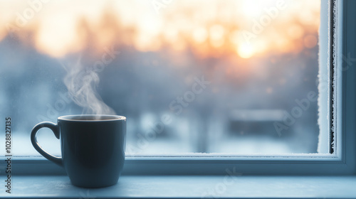 Obraz na płótnie A steaming cup of coffee sits on a windowsill, showcasing a serene winter morning with soft sunlight filtering through the frost-covered glass. w salonie