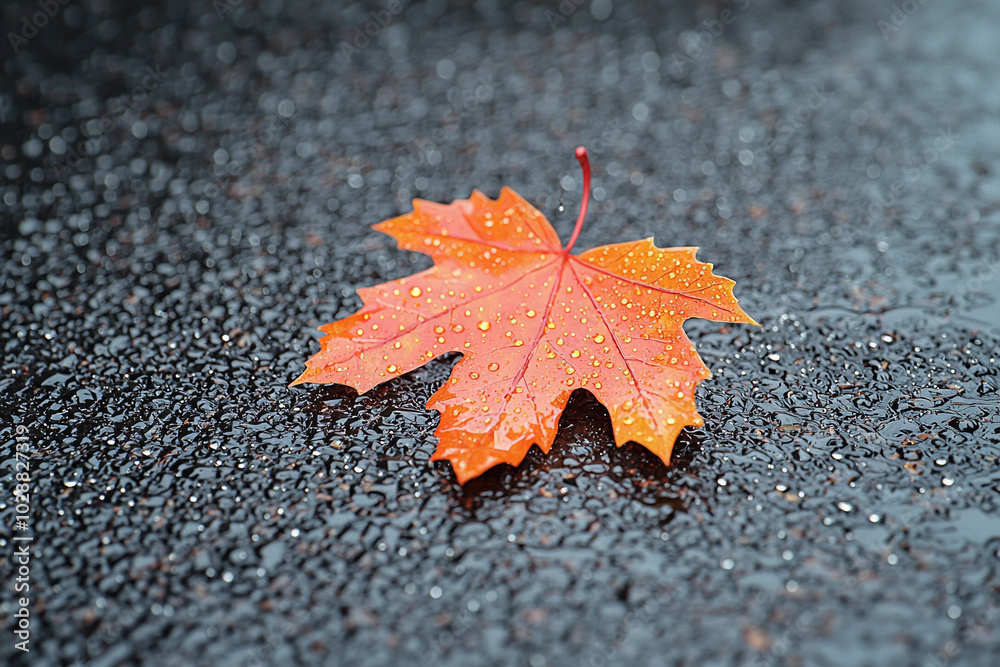 A vibrant red maple leaf rests on a wet pavement after rain A vibrant red maple leaf rests on a wet pavement after rain
