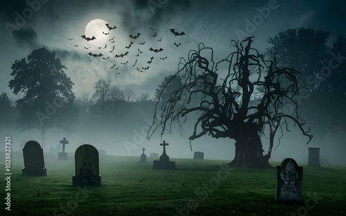 a photo of A spooky, foggy graveyard, and bats swarm around a gnarled old tree under the pale light of the full moon.  photo