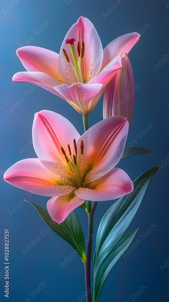 Fototapeta premium Lilies in the morning light: elegance and grace A peaceful depiction of colorful lilies blooming in the soft morning light, creating a serene atmosphere.