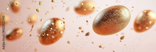 Decorative eggs with glitter arranged neatly on a soft pink background for a ...