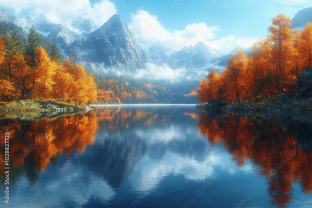 Fototapeta premium Autumn reflections in a serene mountain lake during golden hour