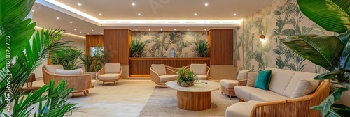 Elegant modern lobby with soft lighting and lush greenery in a contemporary b...