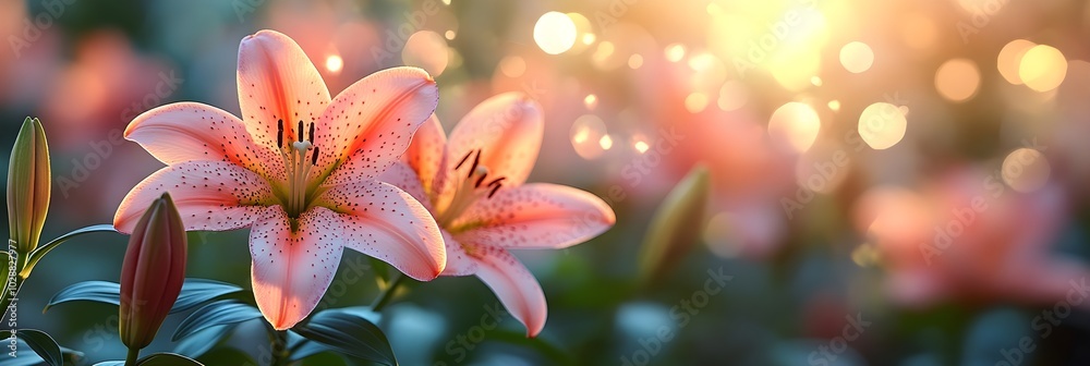 Lilies in the morning light: elegance and grace A peaceful depiction of colorful lilies blooming in the soft morning light, creating a serene atmosphere. banner Lilies in the morning light: elegance and grace A peaceful depiction of colorful lilies blooming in the soft morning light, creating a serene atmosphere. banner