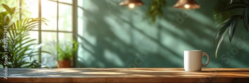 Cozy morning coffee on a wooden table in a sunlit room filled with green plants