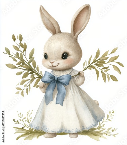 Cute rabbit in a white dress holding green branches in a serene garden setting