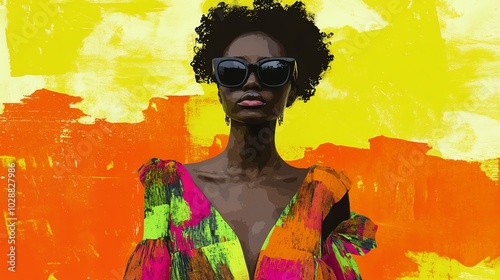 A striking portrait of a confident woman in vibrant clothing against a colorful background, showcasing bold fashion and style. photo