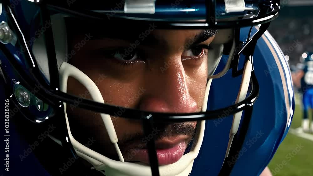 Intens close-up of an American football player in a blue helmet, showcasing determination and focus. The blurred background emphasizes the athlete's expression, making it perfect for sports-related. Intens close-up of an American football player in a blue helmet, showcasing determination and focus. The blurred background emphasizes the athlete's expression, making it perfect for sports-related.