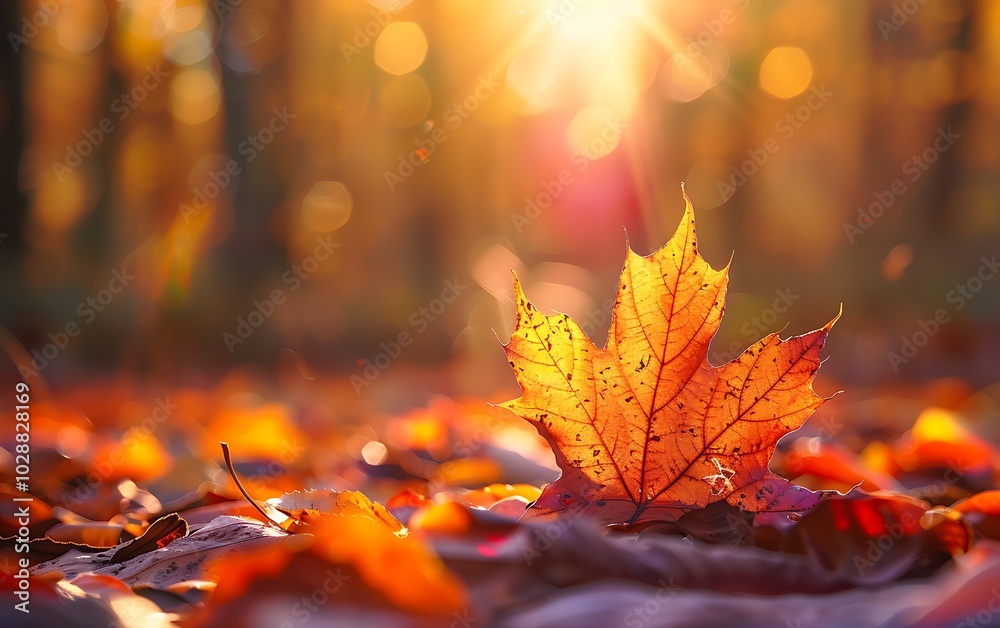 Autumn maple leaf on a branch in the rays of the sun Autumn maple leaf on a branch in the rays of the sun