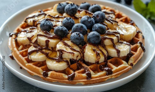 Deliciously crafted waffle topped with bananas, blueberries, and chocolate sa...