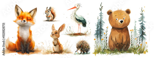Watercolor Cute Woodland Tribal Animals Illustration, vector