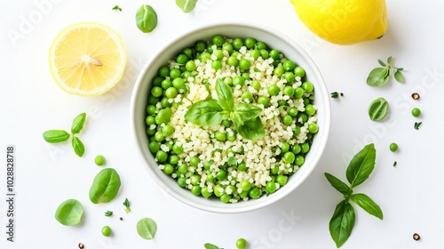 A bowl of green peas and couscous with lemon and herbs, floating on a clean white background with subtle geometric decorative elements photo