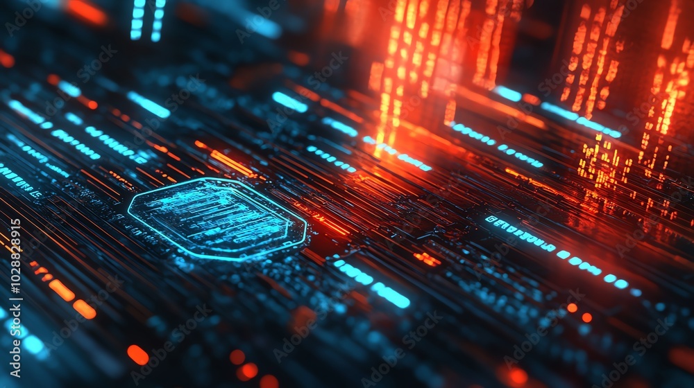 Futuristic digital circuit with vibrant blue and orange lights, representing advanced technology and data processing. Futuristic digital circuit with vibrant blue and orange lights, representing advanced technology and data processing.