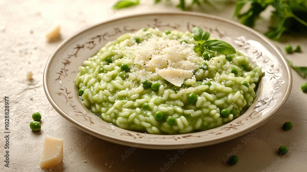 A delicious green pea risotto with Parmesan cheese, isolated on a muted beige background with elegant botanical flourishes A delicious green pea risotto with Parmesan cheese, isolated on a muted beige background with elegant botanical flourishes