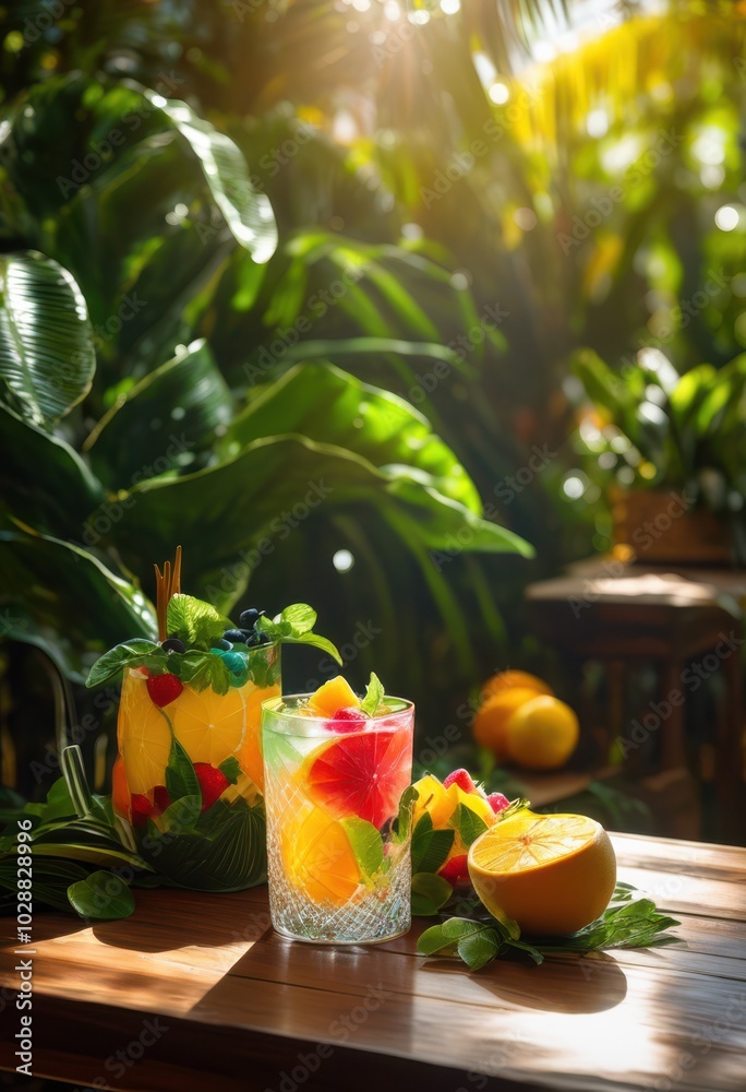 refreshing vibrant ice cold beverage glimmering under sunlight table surrounded lush greenery, drink, colorful, glass, condensation, summer, outdoors refreshing vibrant ice cold beverage glimmering under sunlight table surrounded lush greenery, drink, colorful, glass, condensation, summer, outdoors