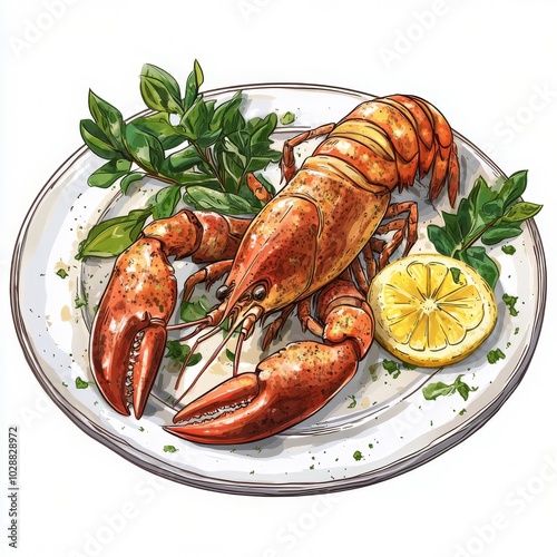 Freshly prepared lobster served with lemon slices and garnished with parsley ...