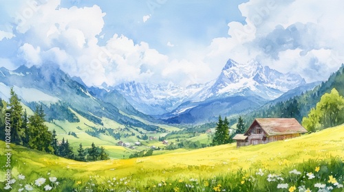 A vivid watercolor landscape featuring a charming Alpine chalet nestled in a green valley, with snow-capped mountains in the distance, showcasing the beauty of rural Switzerland.