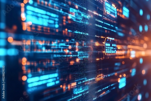 Futuristic digital data flow visual, featuring blue and orange lines representing technology and information exchange.