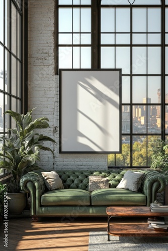 Cozy green sofa in a sunlit urban apartment with large windows and a blank ca...