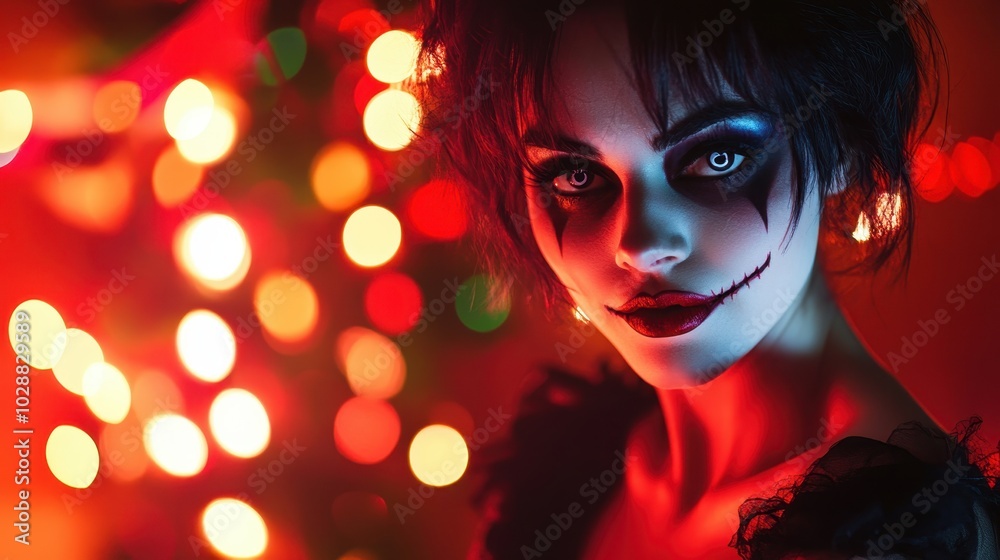 Woman with Halloween gothic theme makeup with dark eyeshadow, pale skin, and a stitched smile, against the background of glowing bokeh lights Woman with Halloween gothic theme makeup with dark eyeshadow, pale skin, and a stitched smile, against the background of glowing bokeh lights