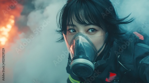 An East Asian female firefighter with short black hair, navigating through smoke in a burning building while wearing an oxygen mask.