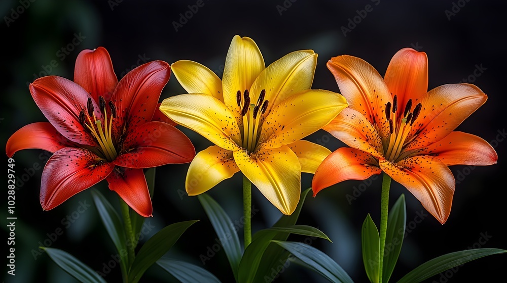 Fototapeta premium Lilies in the morning light: elegance and grace A peaceful depiction of colorful lilies blooming in the soft morning light, creating a serene atmosphere.