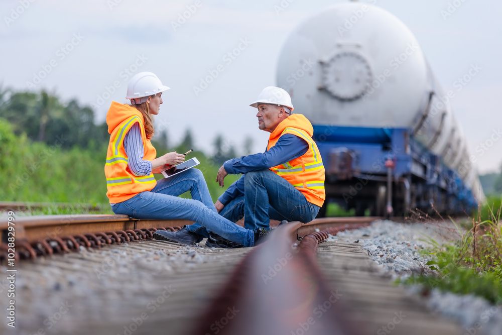 Two Engineers in High Visibility Vests Sitting on Railroad Tracks Discussing Project Near Freight Train with Large Cargo, Reflecting Collaboration, Teamwork, and Industrial Transportation Two Engineers in High Visibility Vests Sitting on Railroad Tracks Discussing Project Near Freight Train with Large Cargo, Reflecting Collaboration, Teamwork, and Industrial Transportation