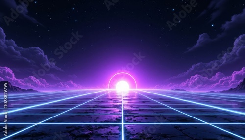 Retro Futuristic Landscape with Neon Lights and Grid .