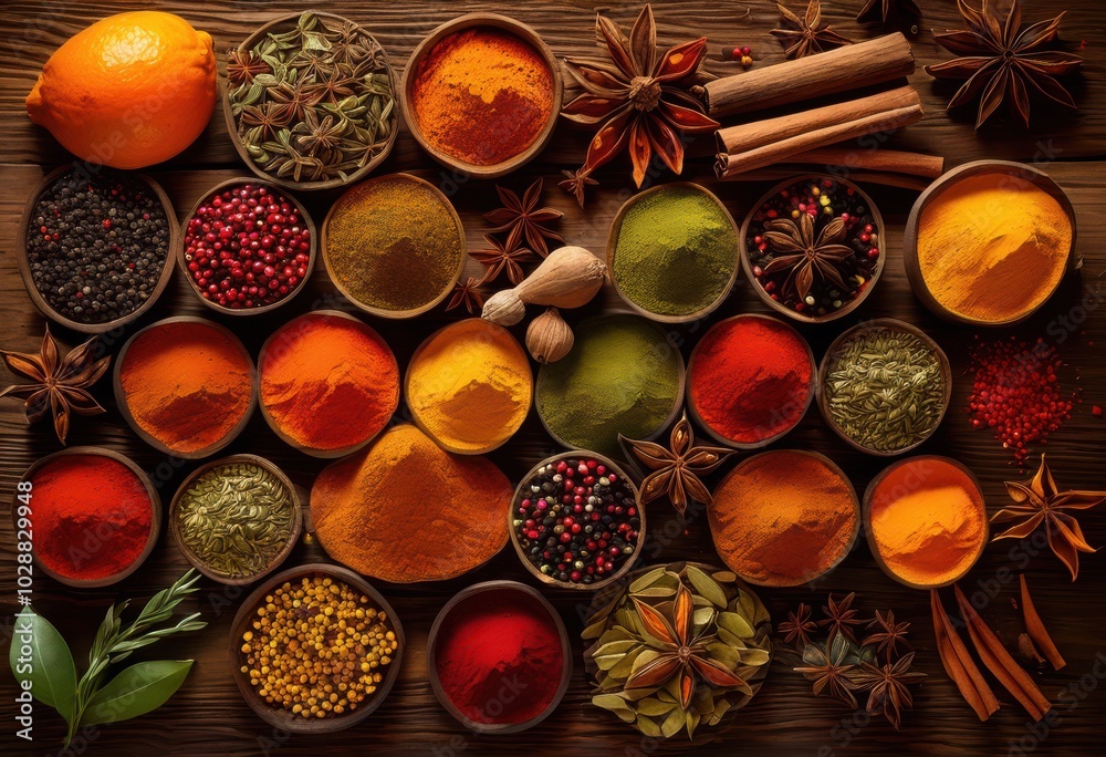 vibrant display colorful spices artfully arranged rustic textured wooden surface captivating culinary aesthetics, arrangement, aromatic, basket, blend, bowl vibrant display colorful spices artfully arranged rustic textured wooden surface captivating culinary aesthetics, arrangement, aromatic, basket, blend, bowl